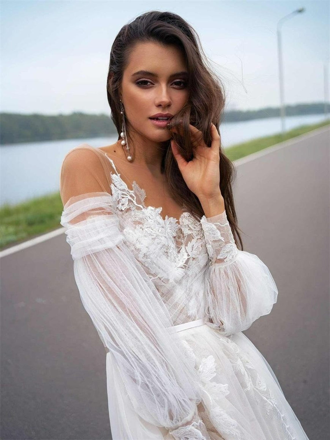 V-Neck Boho Wedding Dresses White Applique Lace Custom Made Mermaid Bridal  Gowns | eBay
