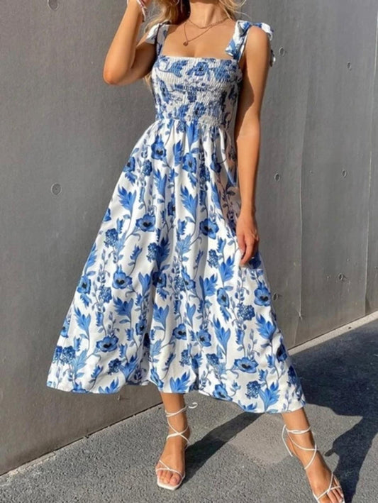 Floral Print Knot Spaghetti Straps Cami Women Summer Dress