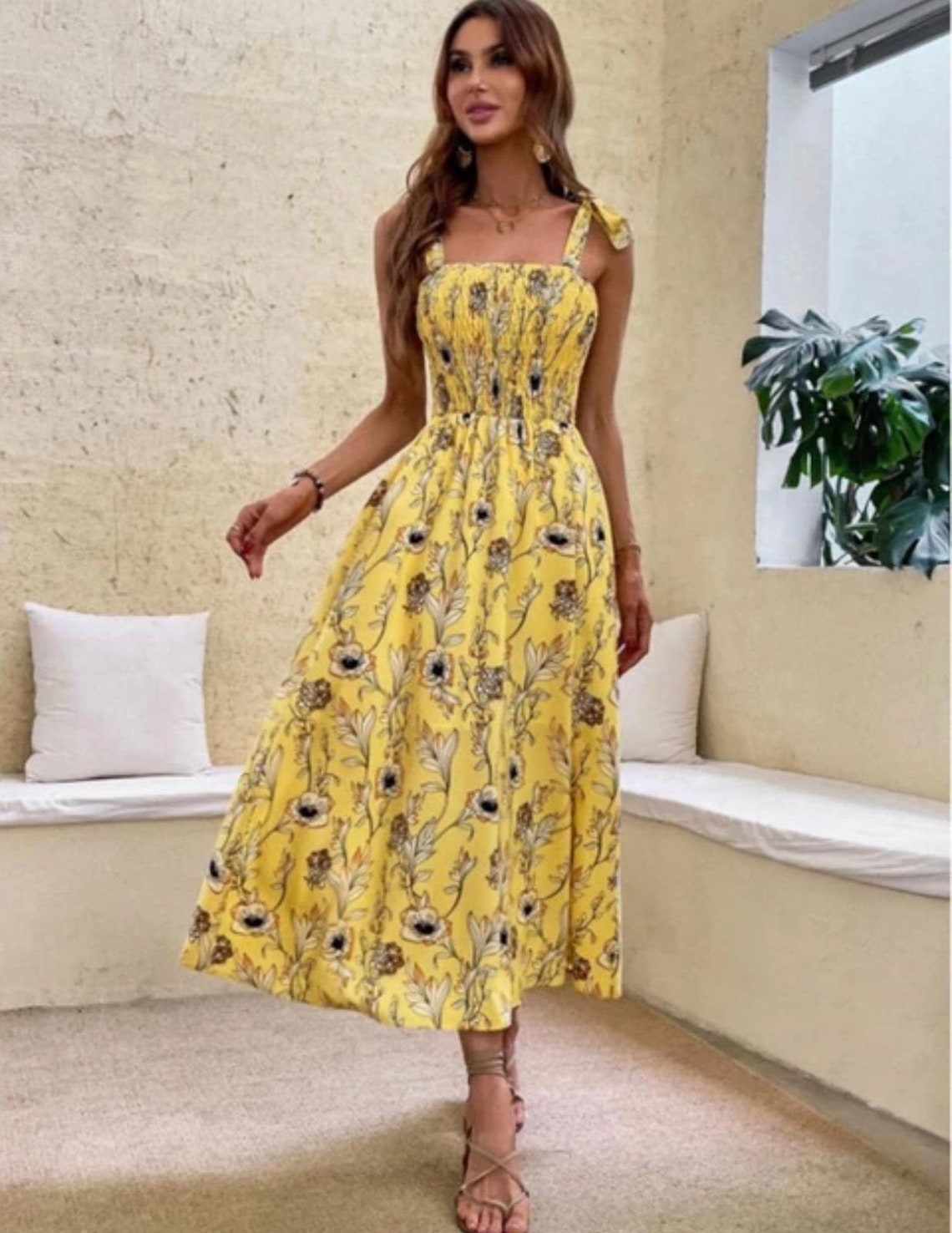 Floral Print Knot Spaghetti Straps Cami Women Summer Dress